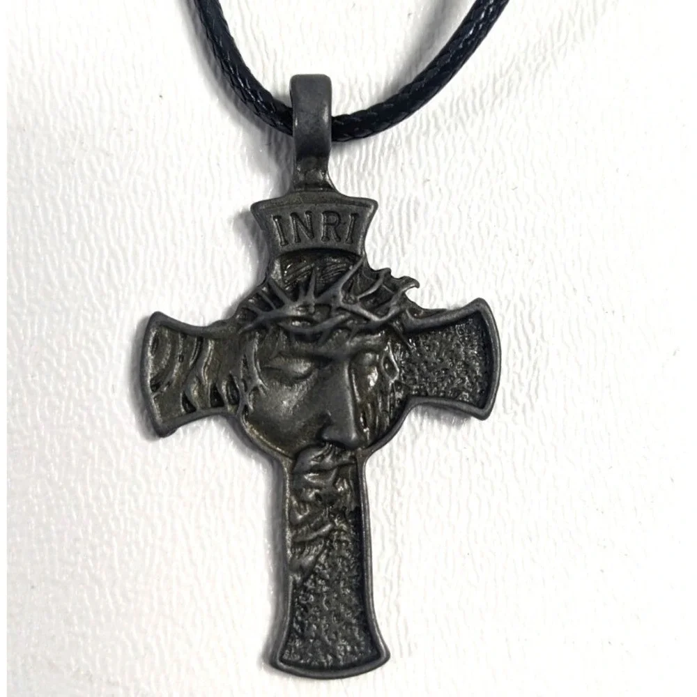 Jesus Christ Face Crucifix Cross Pendant Necklace INRI Gunmetal Black Cord